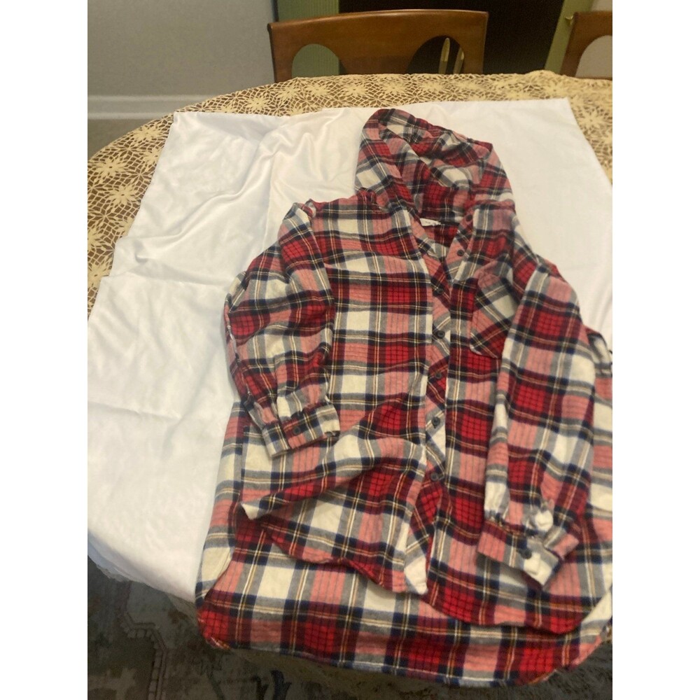 Zara Girls 11‑12 (L) Red Plaid Flannel Hooded Shirt Button Front Cotton Blend